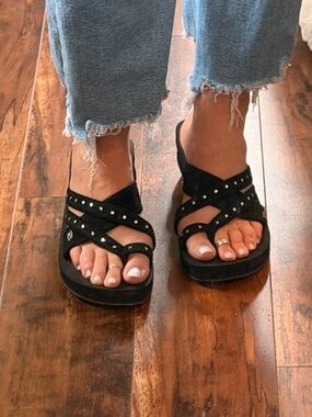 Skechers Black Rhinestone Slide Sandals Comfort Wedge Size 10